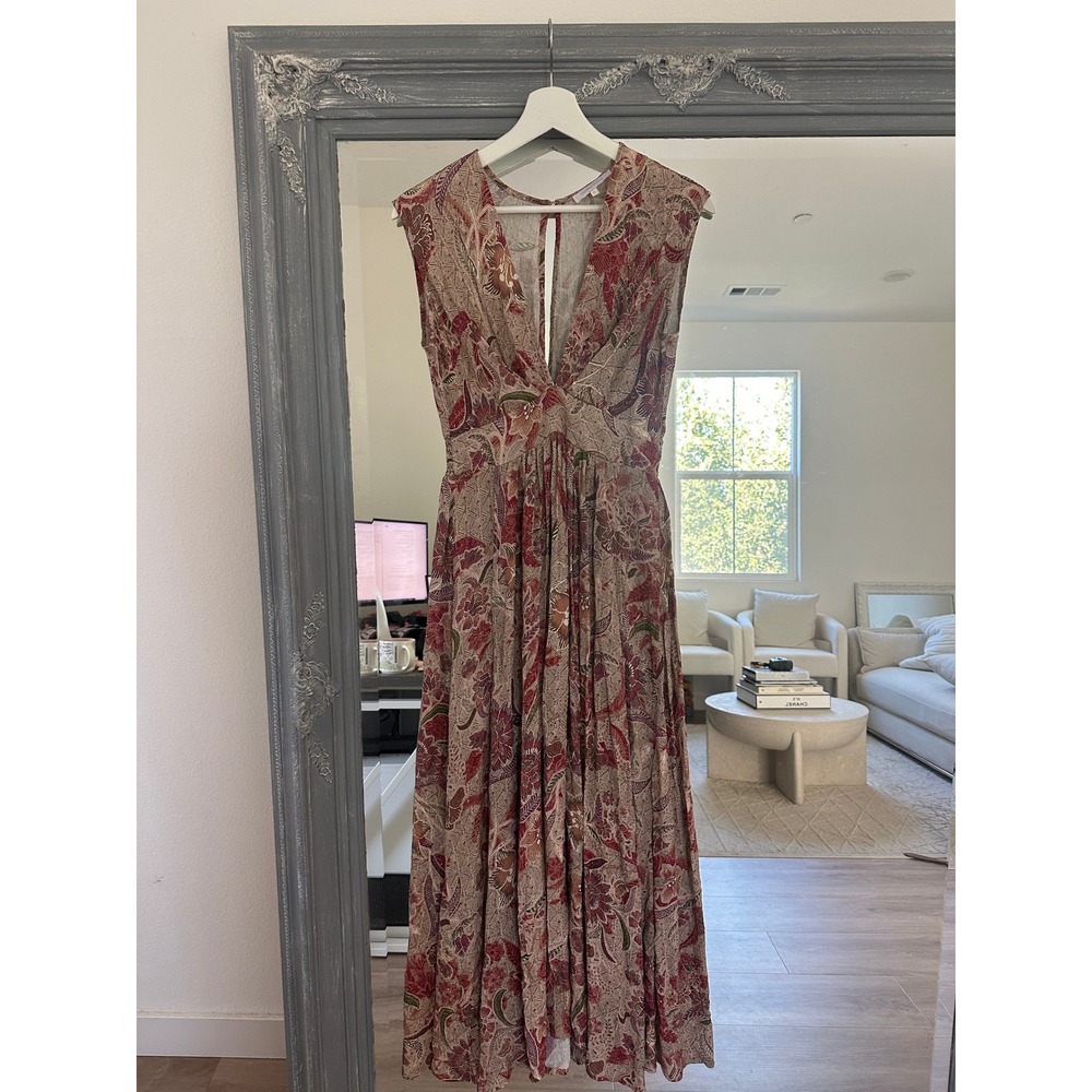 Olivaceous Floral Paisley Metallic Maxi Dress Smocked Waist Keyhole Back Boho S